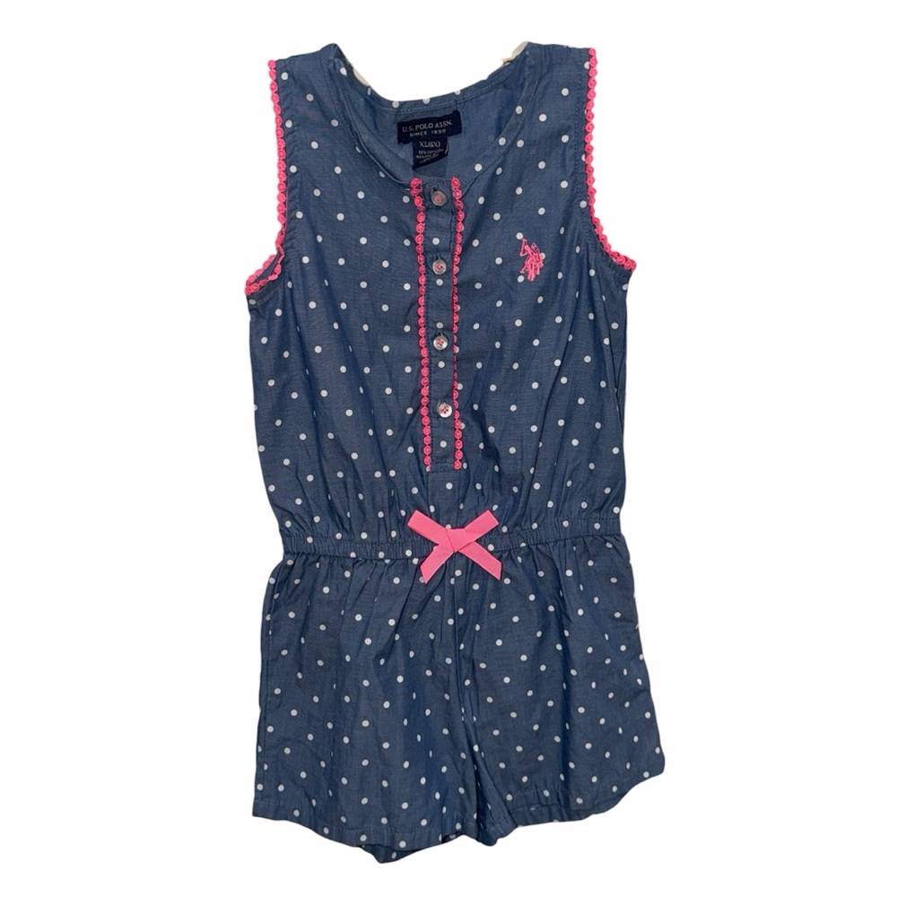 U.S. Polo Assn. Blue Polka Dot Romper with Pink Accents